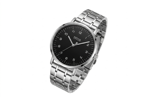 Titus Men’s Minimalist Quartz Watch: Sleek Black Dial & Silver Link Bracelet