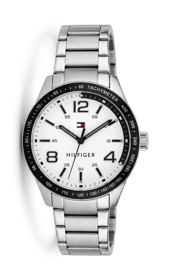 Tommy Hilfiger Men’s Stainless Steel Sport Watch – White Dial with Black Tachymeter Bezel