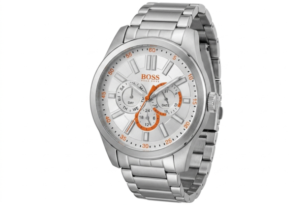 Hugo Boss Men’s Stainless Steel Sport Watch – Silver Dial with Orange Accents & Triple Sub-Dials