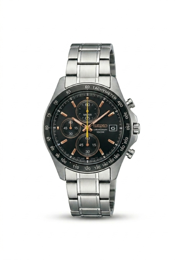 Seiko Men’s Chronograph Sports Watch – Black Textured Dial with Stainless Steel Bracelet – 100M Water Resistant