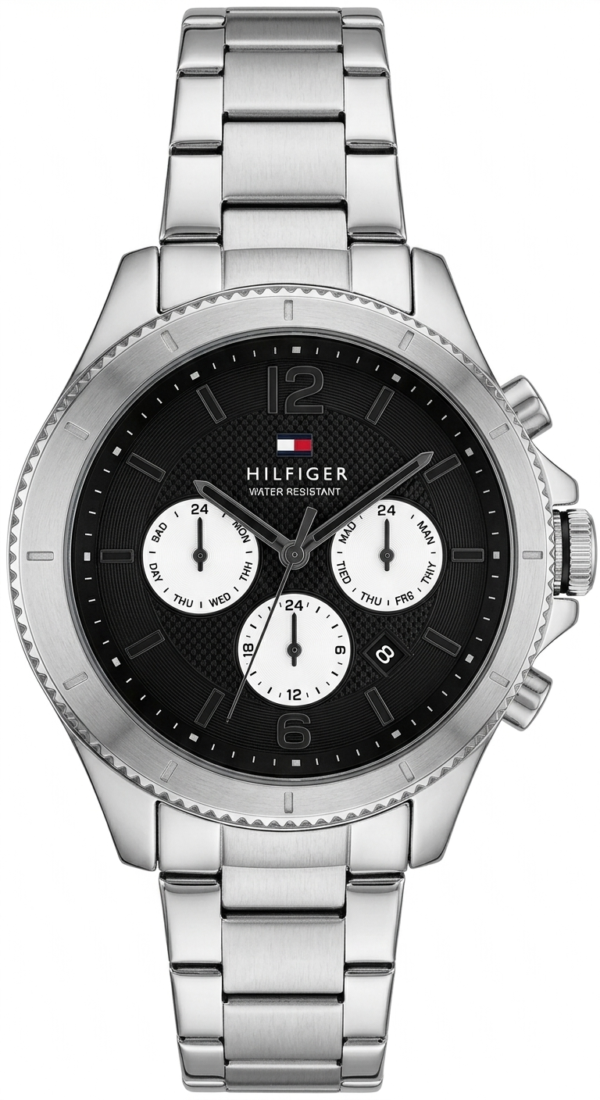 Tommy Hilfiger Men’s Silver Stainless Steel Watch – Black Dial with Triple Sub-Dial Display