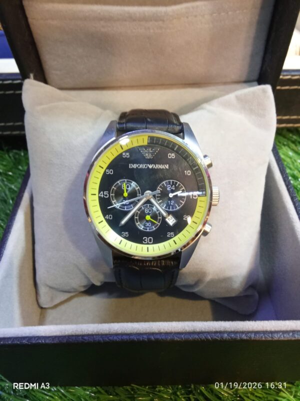 Emporio Armani Black Dial Chronograph Watch with Lime Accent Ring & Black Leather Strap