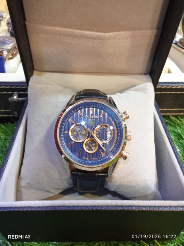 TAG Heuer Carrera Blue Dial Chronograph Watch with Gold-Tone Accents & Black Leather Strap