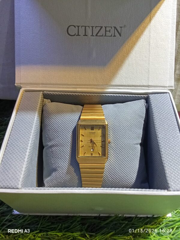 Citizen Classic Gold Tone Men’s Watch – Rectangular Dial, Quartz Movement, Stainless Steel Bracelet, Date Display