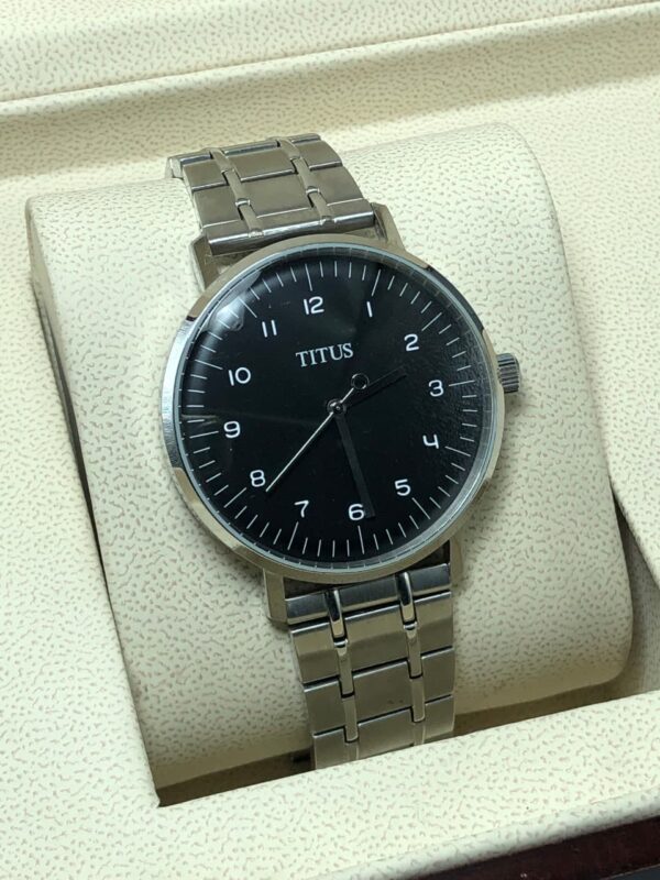 Titus Men’s Minimalist Quartz Watch: Sleek Black Dial & Silver Link Bracelet