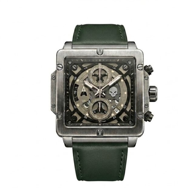 Tubular Square Chronograph-Style Watch with Textured Dial, Date Display & Black Strap
