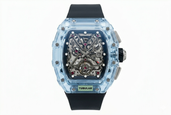 Tubular Transparent Skeleton Dial Watch with Square Case & Black Strap