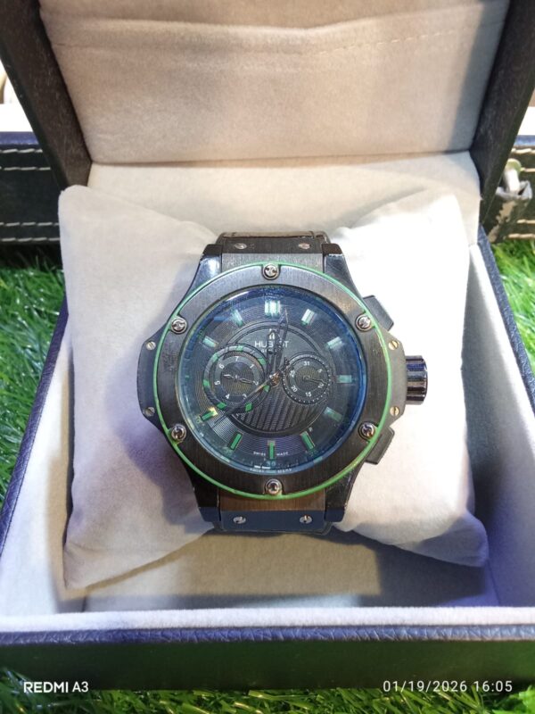 Hublot Black Dial Chronograph Watch with Green Accent Bezel & Black Strap