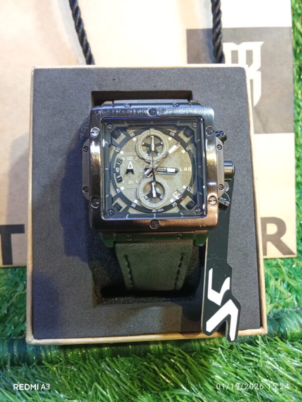 Tubular Square Chronograph-Style Watch with Textured Dial, Date Display & Black Strap