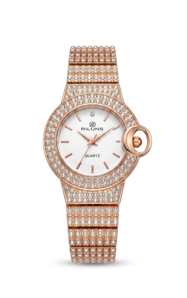 Riluns Luxury Rose Gold Diamond-Studded Quartz Watch for Women