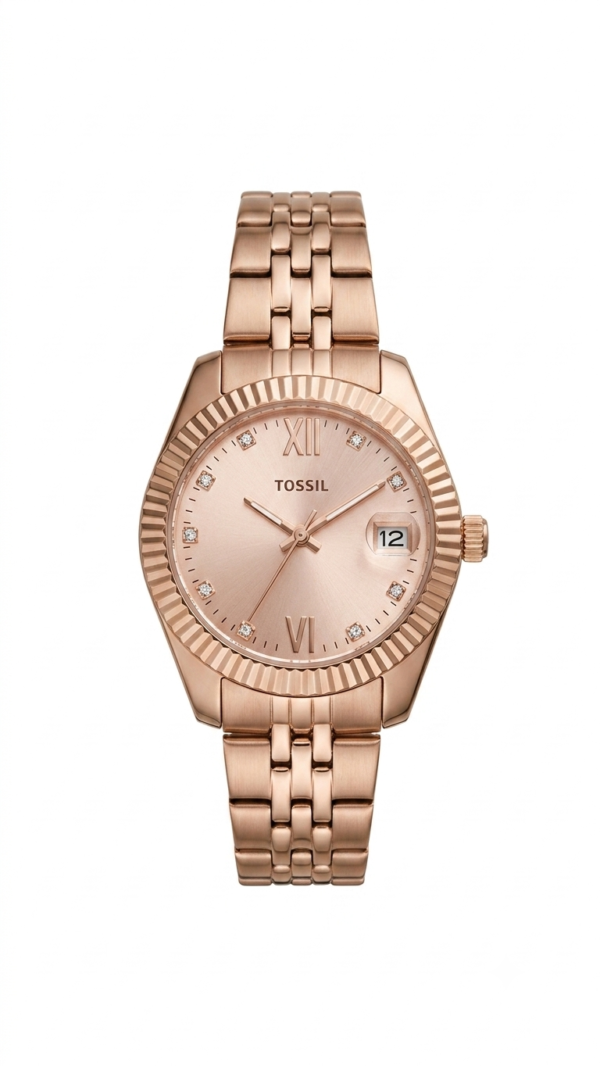 Tossil Luxury Rose Gold Ladies Watch with Fluted Bezel and Diamond Markers