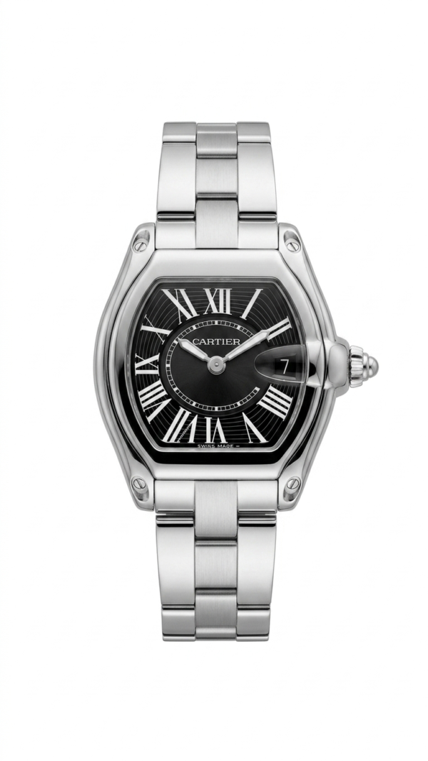 Cartier Classic Silver Stainless Steel Watch - Black Dial with Date Window