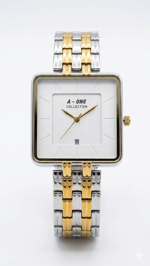 A-ONE Collection Elegant Two-Tone Square Analog Watch with Date Window