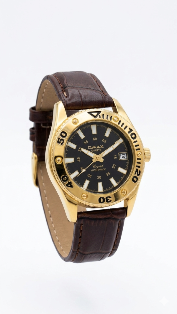 Omax Crystal Quartz Men's Watch – Gold Case with Black Dial & Brown Leather Strap