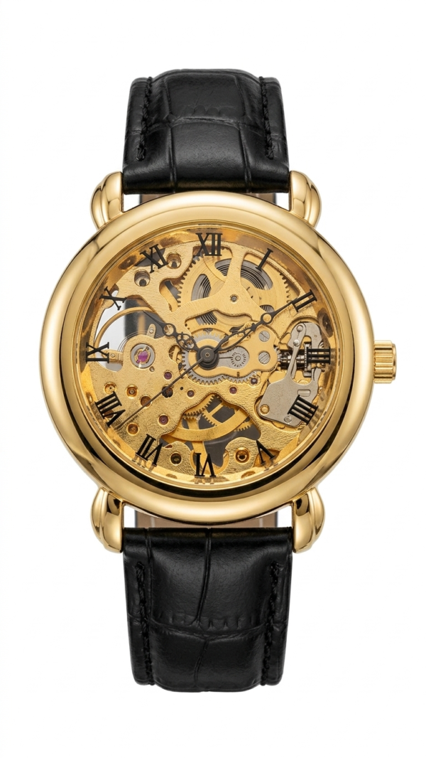 Luxury Men's Gold Skeleton Mechanical Watch – Transparent Hollow Dial Automatic Steampunk Wristwatch with Black Leather Strap