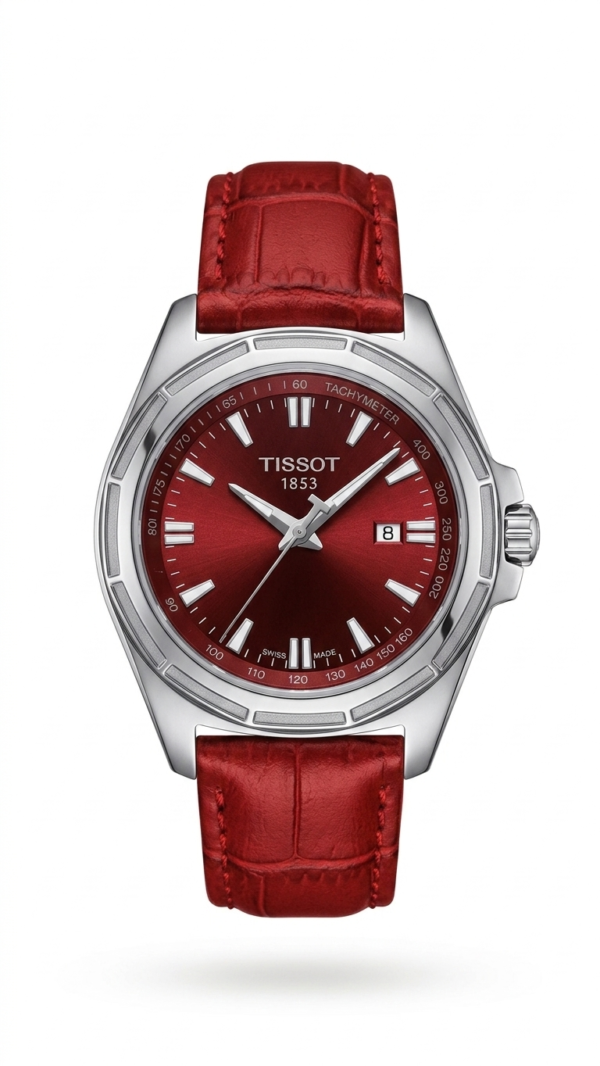 Tissot PR 100 Sport Chic Luxury Watch for Women – Deep Red Sunray Dial with Matching Red Crocodile-Embossed Leather Strap