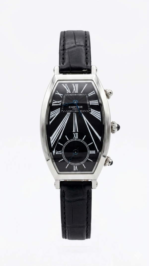 Cartier Paris Dual Time Luxury Men’s Watch – Black Dial with Croc Leather Strap