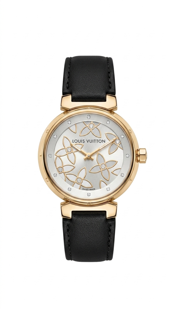 Louis Vuitton Tambour Monogram Blossom Women’s Watch – Gold Case with Black Leather Strap