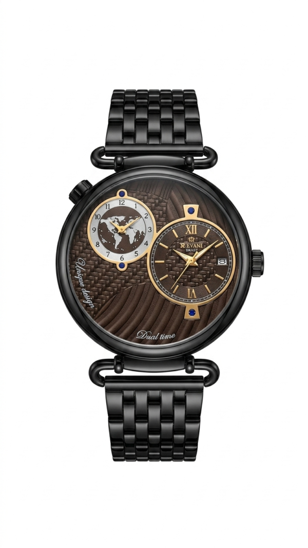 Revani Dual-Time Men’s Watch – Black Case with World Map Dial