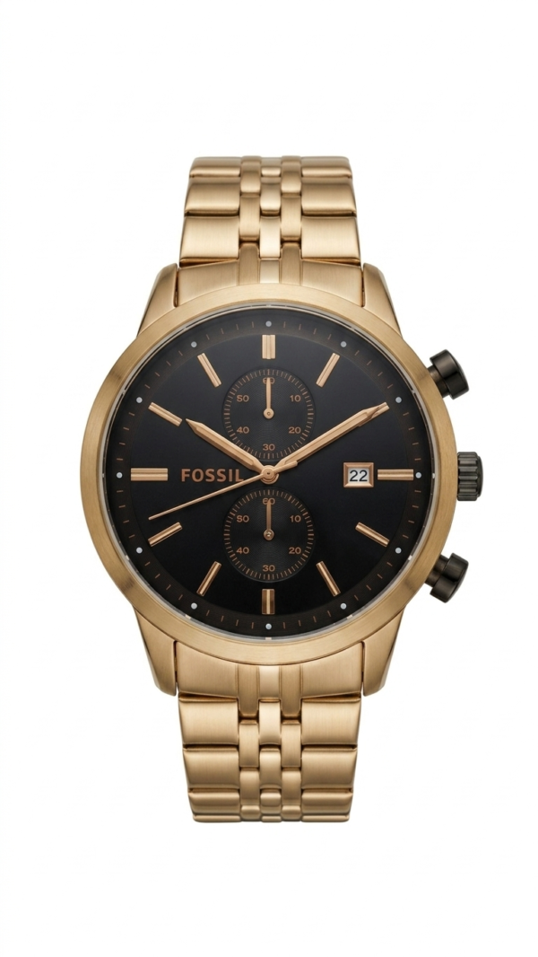 Fossil Gold-Tone Chronograph Watch with Black Dial