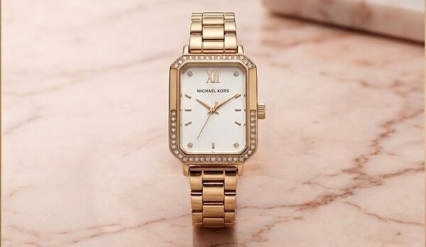 Michael Kors Emery Rectangular Gold-Tone Women's Watch – Crystal Bezel Edition