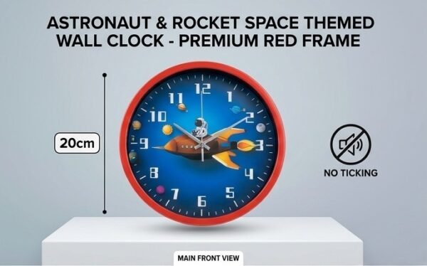 Astronaut & Rocket Space Theme Wall Clock – 12inch  sound-Ticking Kids Room Clock with Premium Red Frame